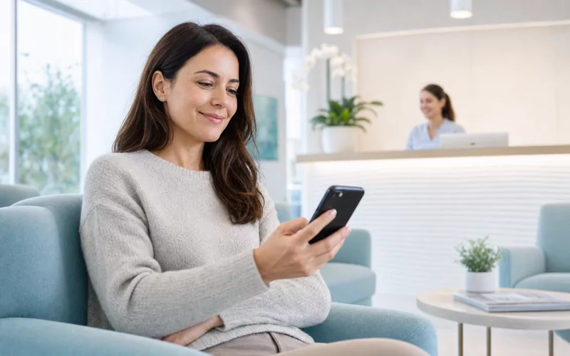 Patient booking an appointment by phone in a dental reception area