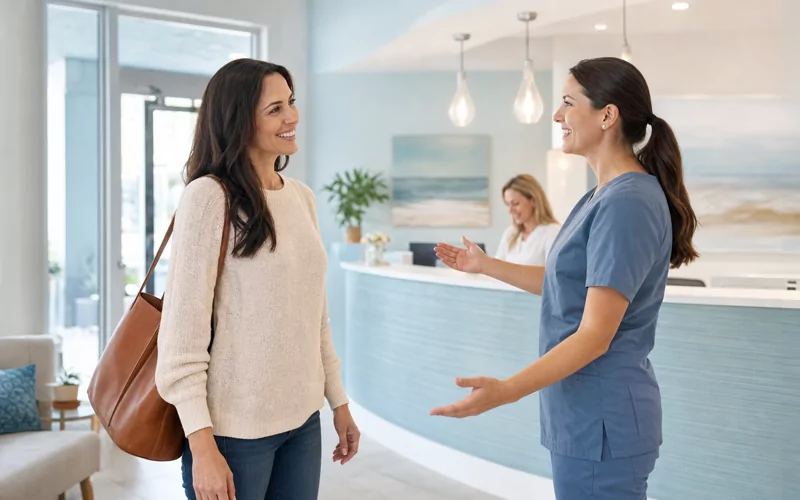 Dental hygienist warmly welcoming a returning patient
