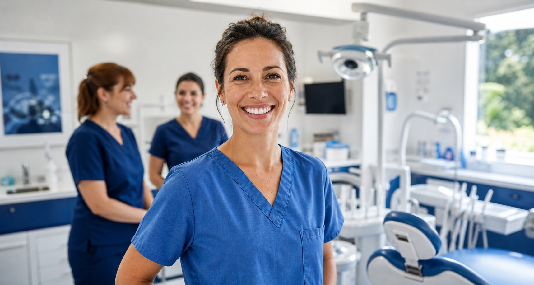Woman dental professional centered in a modern treatment room