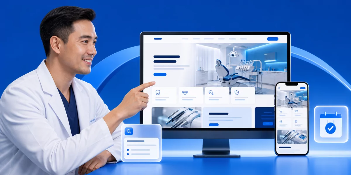 Filipino dentist reviewing his complete practice website with search and booking across desktop and phone