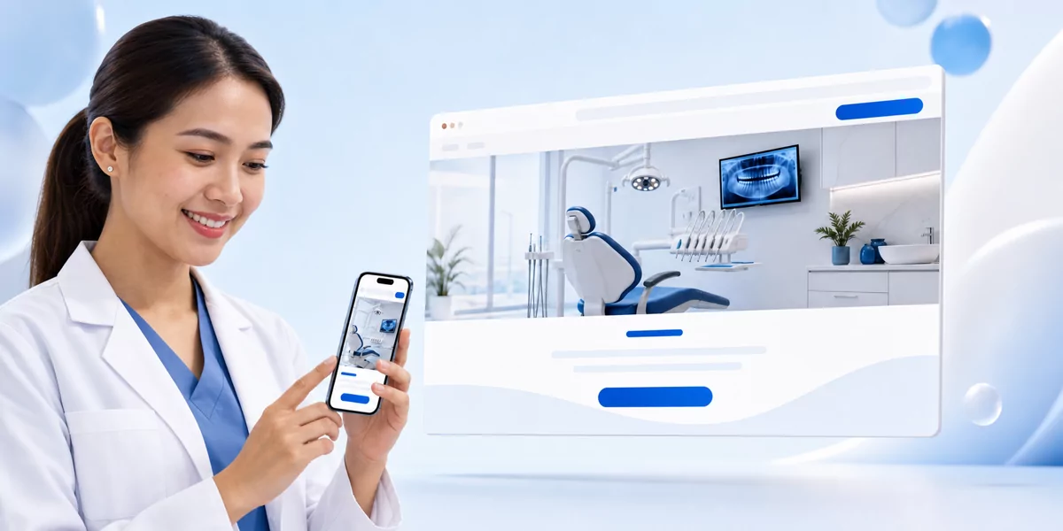 Filipino dentist reviewing her one-page practice website on a phone beside the browser view